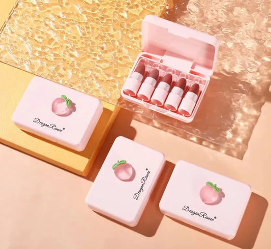 “Dragon Ranee Peach Mini Lipstick Set – 5 Pcs, Long Lasting & Waterproof”